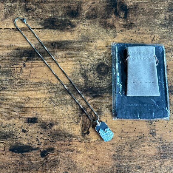 David Yurman Waves Dog Tag w/ White Agate & DY Small Box Chain Necklace 22" - Picture 2 of 13